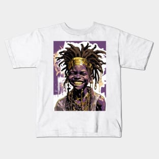 Vibrant Joy: African Boy with Dreadlocks in Purple and Gold Kids T-Shirt